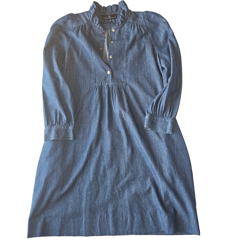 Pomander Place Chambray Claiborne Dress Ruffle Neck Gold Button Medium Size S - Picture 7 of 15